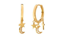 Load image into Gallery viewer, Moon Star Cross Clear Crystal Dangle Hoop Gold