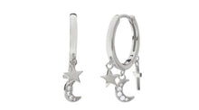 Load image into Gallery viewer, Moon Star Cross Clear Crystal Dangle Hoop Silver