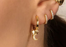 Load image into Gallery viewer, Moon Star Cross Clear Crystal Dangle Hoop Gold