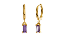 Load image into Gallery viewer, Sana Purple Baguette Dangle Hoop Gold