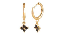 Load image into Gallery viewer, Quinn Black Crystal Dangle Hoop Gold
