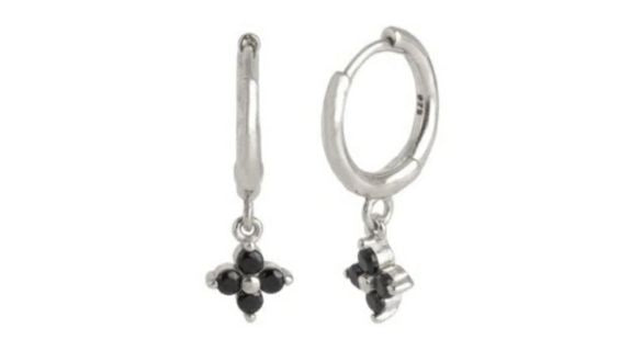 Quinn Black Crystal Dangle Hoop Silver