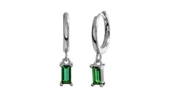 Sana Green Baguette Dangle Hoop Silver