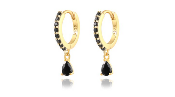 Halle Teardrop Black Crystal Dangle Hoop Gold