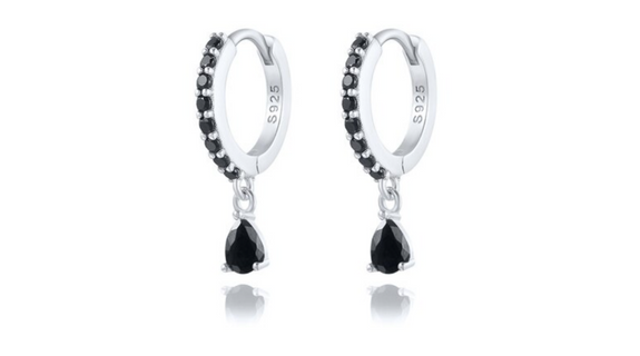 Halle Teardrop Black Crystal Dangle Hoop Silver