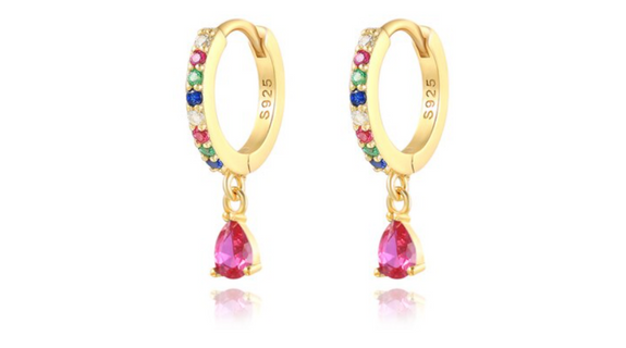 Halle Teardrop Multi-Coloured with Pink Crystal Dangle Hoop Gold