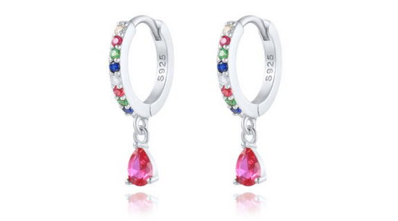 Halle Teardrop Multi-Coloured with Pink Crystal Dangle Hoop Silver