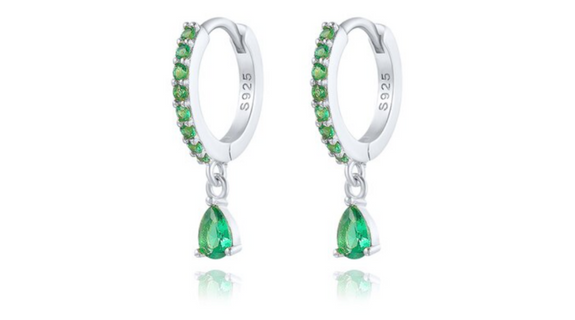 Halle Teardrop Green Crystal Dangle Hoop Silver