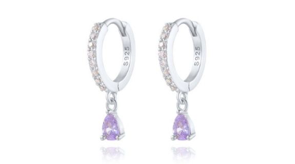 Halle Teardrop Purple Crystal Dangle Hoop Silver