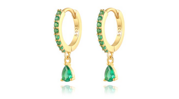 Halle Teardrop Green Crystal Dangle Hoop Gold