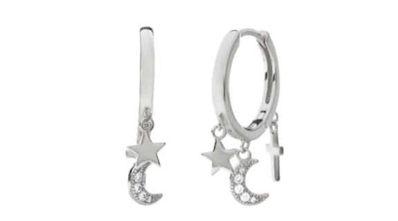 Moon Star Cross Clear Crystal Dangle Hoop Silver