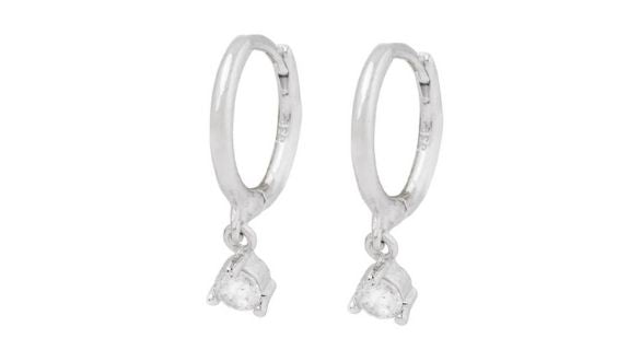 Sunny Round Clear Crystal Three Claw Dangle Hoop Silver