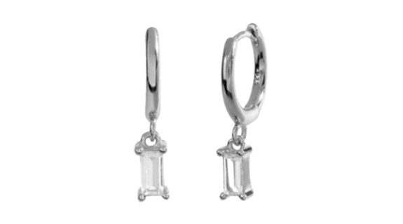 Sana Clear Crystal Baguette Dangle Hoop Silver